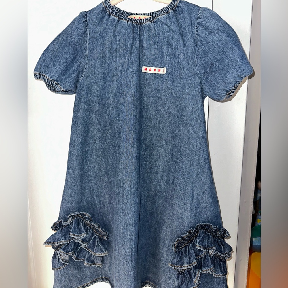 Marni Kids Blue Ruffle Denim Dress